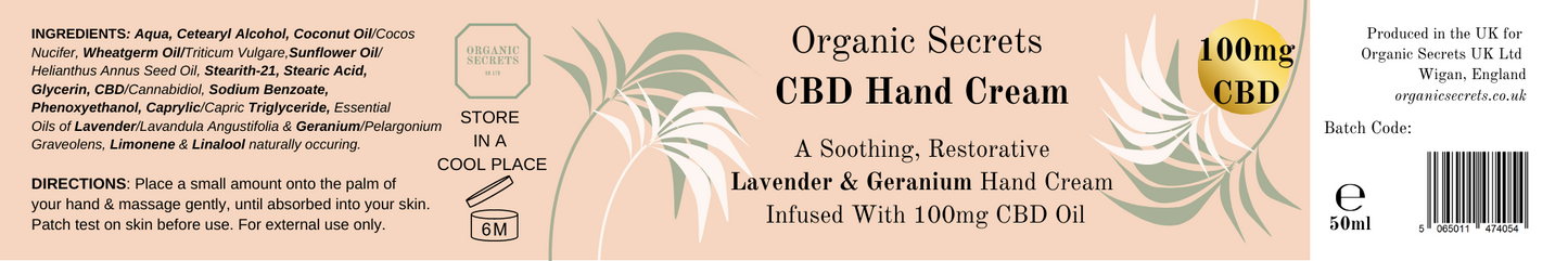 ingredients and directions for CBD hand cream from Organic Secrets UK Ltd